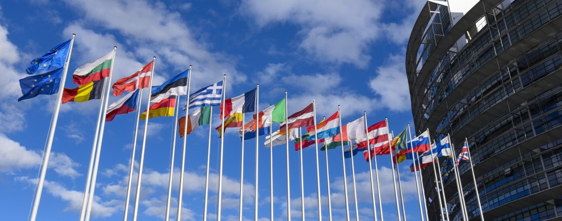 Stockshots of the European Parliament - Flags in front of EP building in Strasbourg